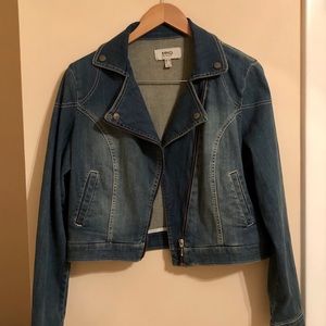 Cropped denim motorcycle jacket